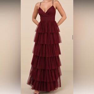 NWT! Lulus “Rule the Runway Burgundy Tulle Surplice Tiered Maxi Dress”